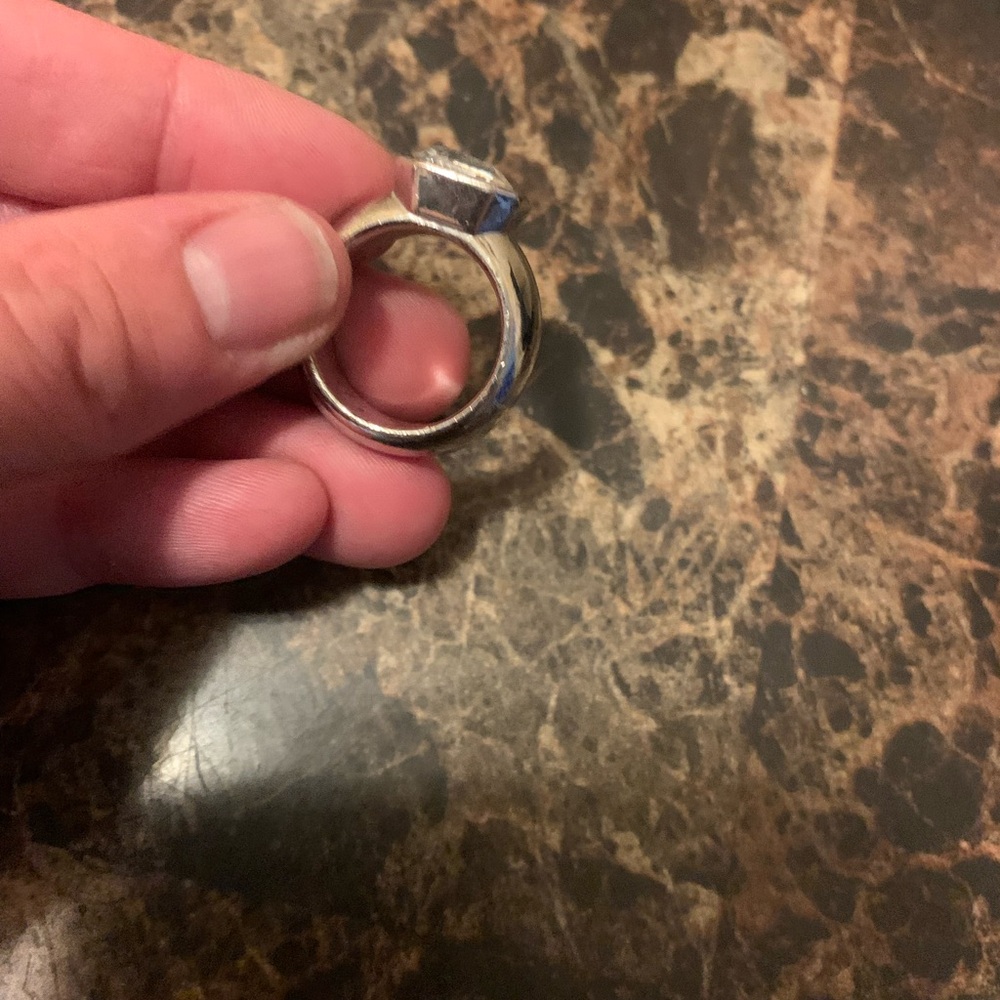 Bold Silver-Tone Statement Ring With Clear Emeral… - image 2